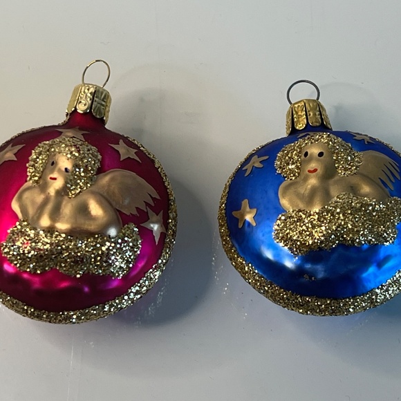 Vintage Cherub Glass Christmas Ornaments Set of 6 Blue And Red 2” - Picture 7 of 14
